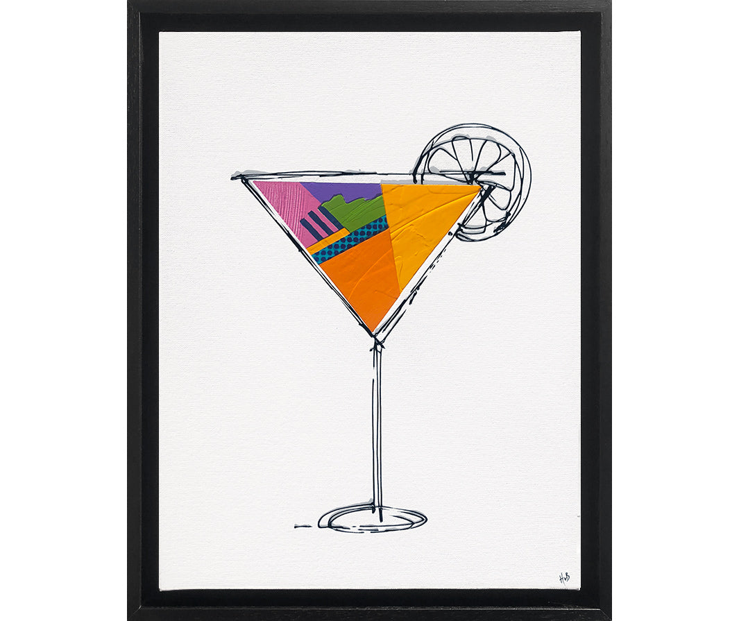Framed painting of a colourful, textured cocktail glass on a white background with a black frame by artist Hannah van Bergen