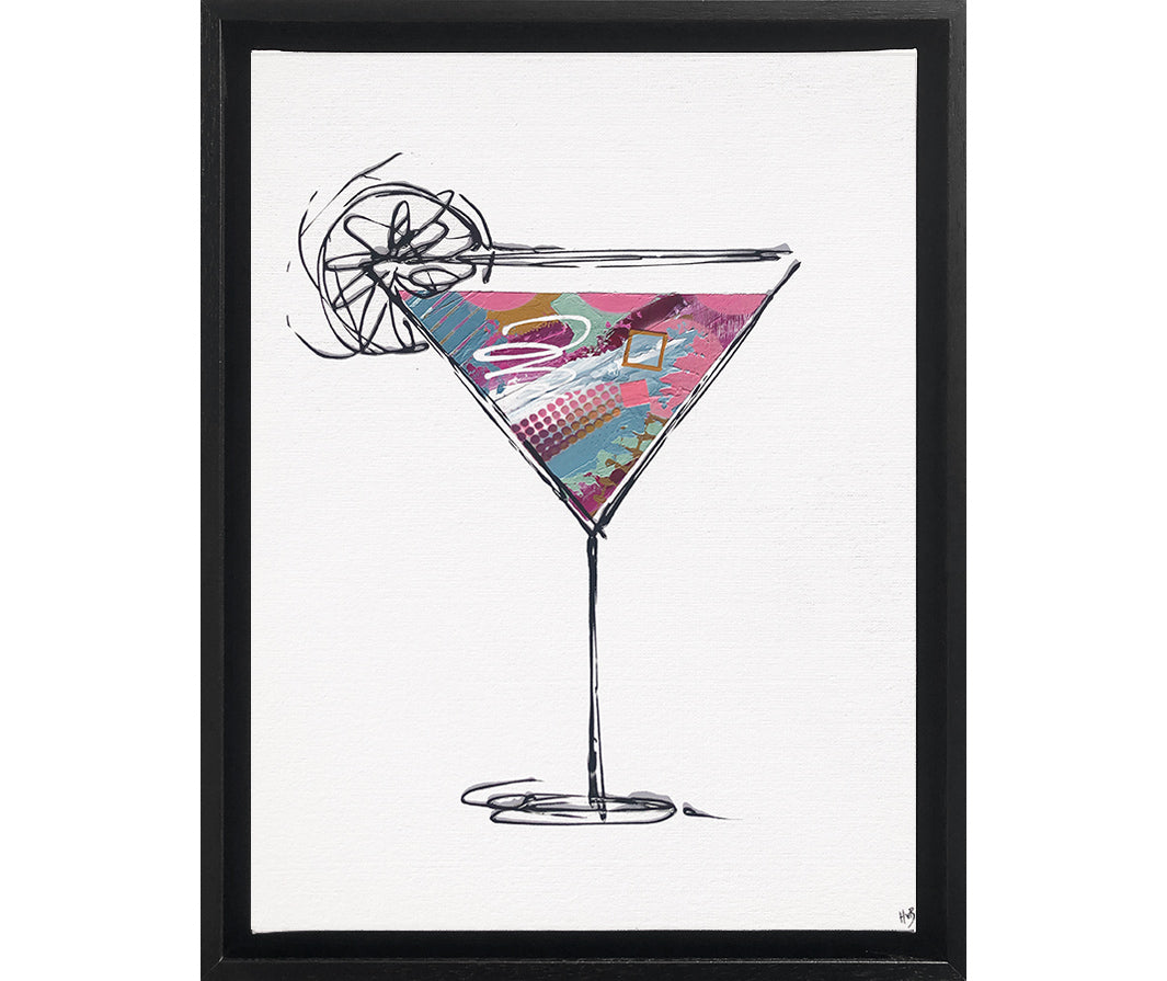 Framed painting of a colourful, textured cocktail glass on a white background with a black frame by artist Hannah van Bergen