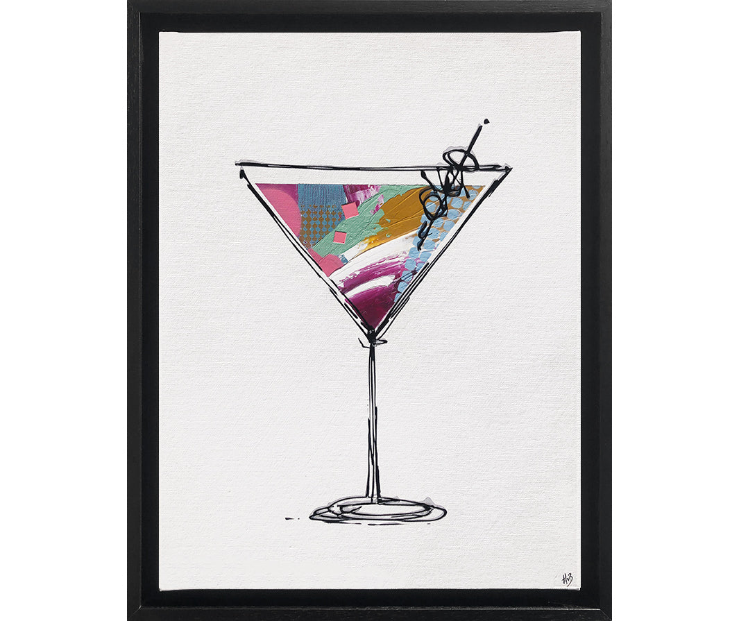 Framed painting of a colourful, textured cocktail glass on a white background with a black frame by artist Hannah van Bergen