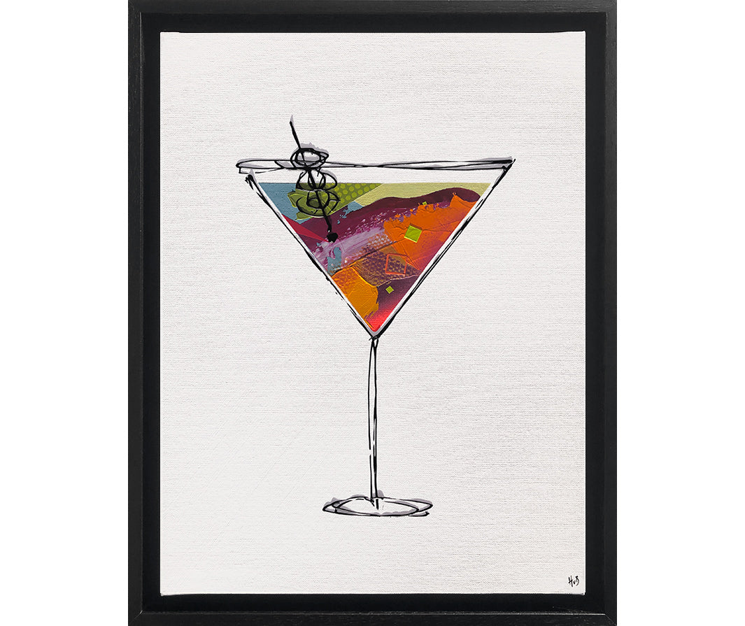 Framed painting of a colourful, textured cocktail glass on a white background with a black frame by artist Hannah van Bergen