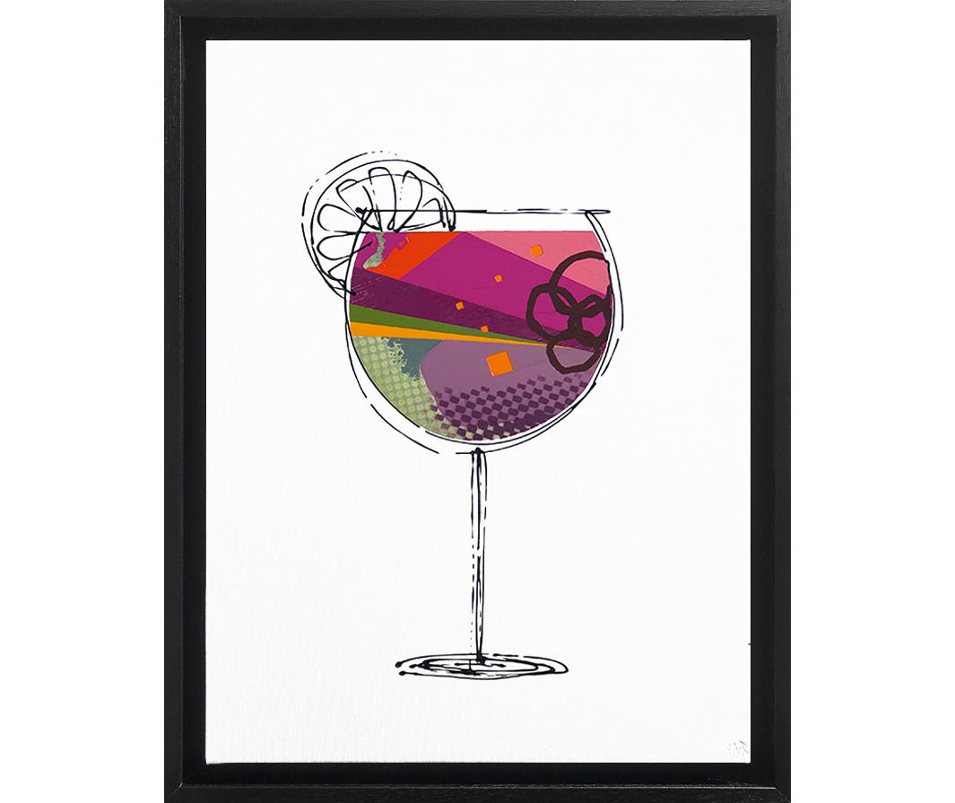 Framed painting of a colourful, textured cocktail glass on a white background with a black frame by artist Hannah van Bergen
