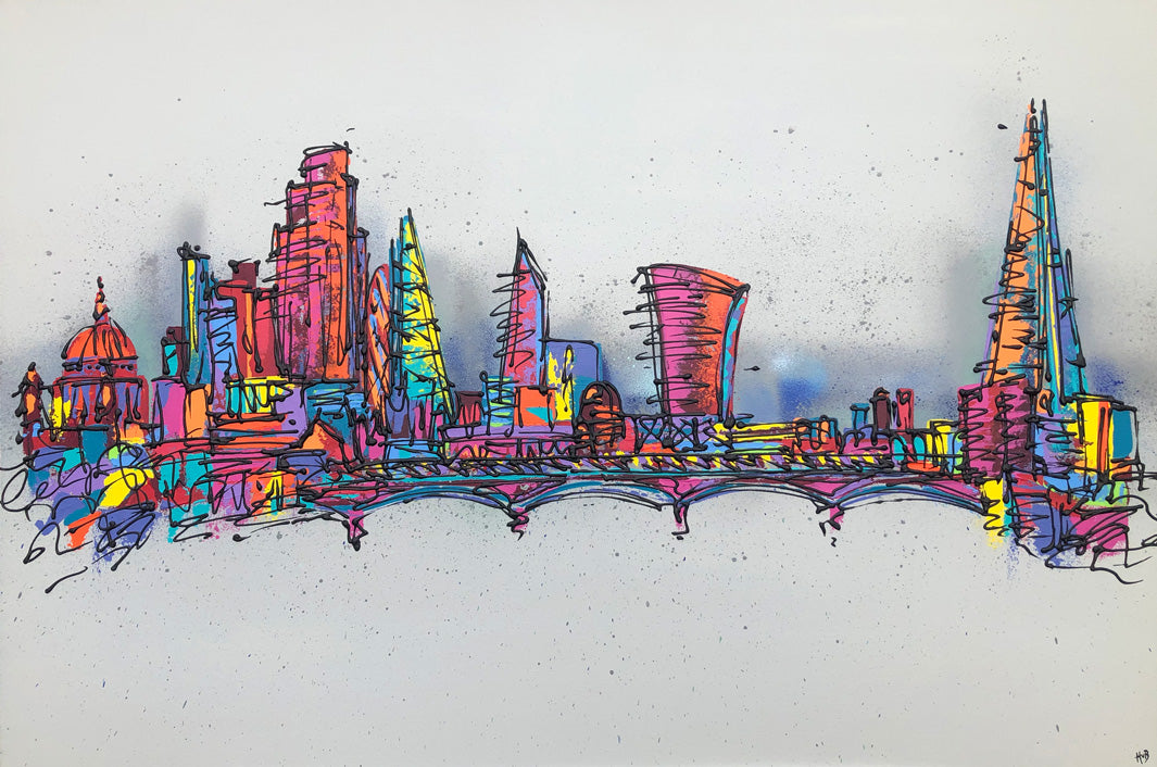 Original painting of London skyline from St Paul's Cathedral to the Shard on light grey background by artist Hannah van Bergen