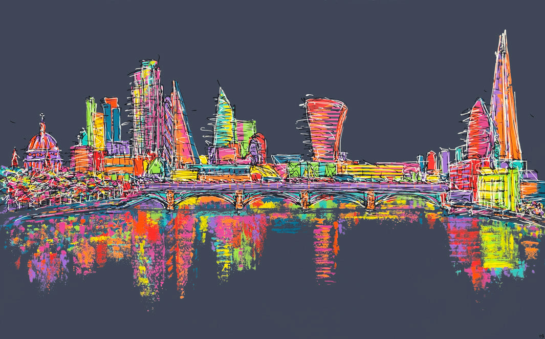 Original large painting of colourful London skyline on dark grey background with reflections in River Thames by artist Hannah van Bergen