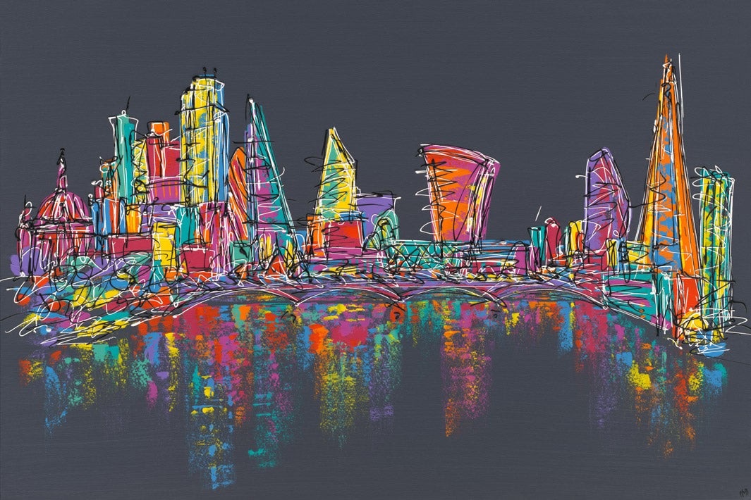 Original painting of colourful London skyline on dark grey background with reflections in River Thames by artist Hannah van Bergen