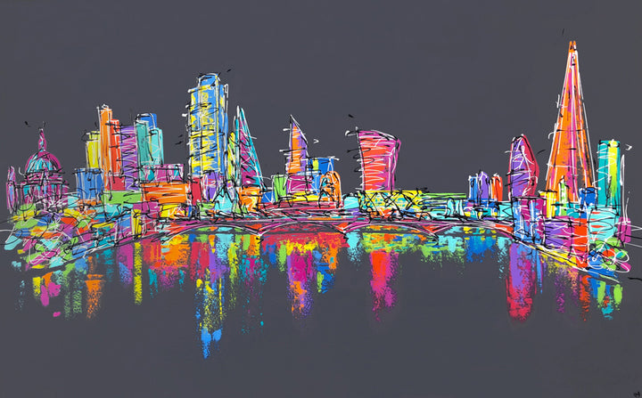 Original large painting of colourful London skyline on dark grey background with reflections in River Thames by artist Hannah van Bergen