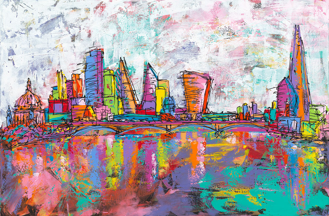 Original expressive multicolour painting of London skyline by artist Hannah van Bergen