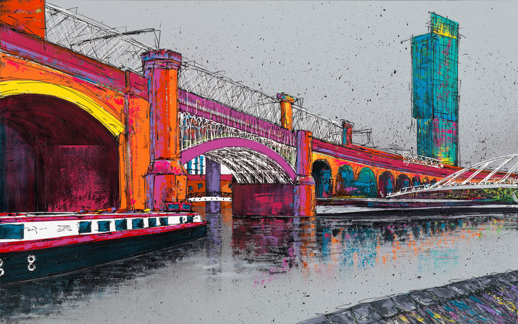 Original painting of Manchester canals and viaduct in Castlefield with Beetham Tower in the background by artist Hannah van Bergen