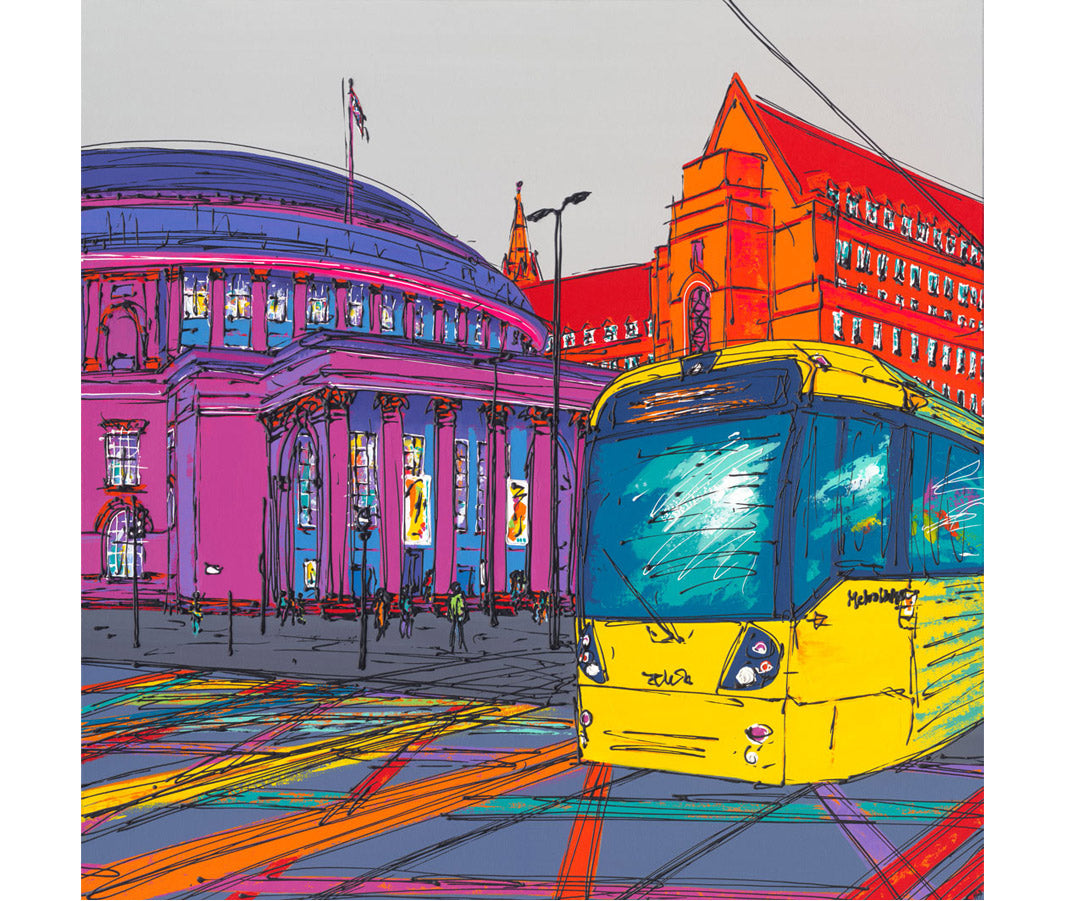 Original brightly coloured painting of Manchester Central Library with Town Hall in background and tram in foreground by artist Hannah van Bergen