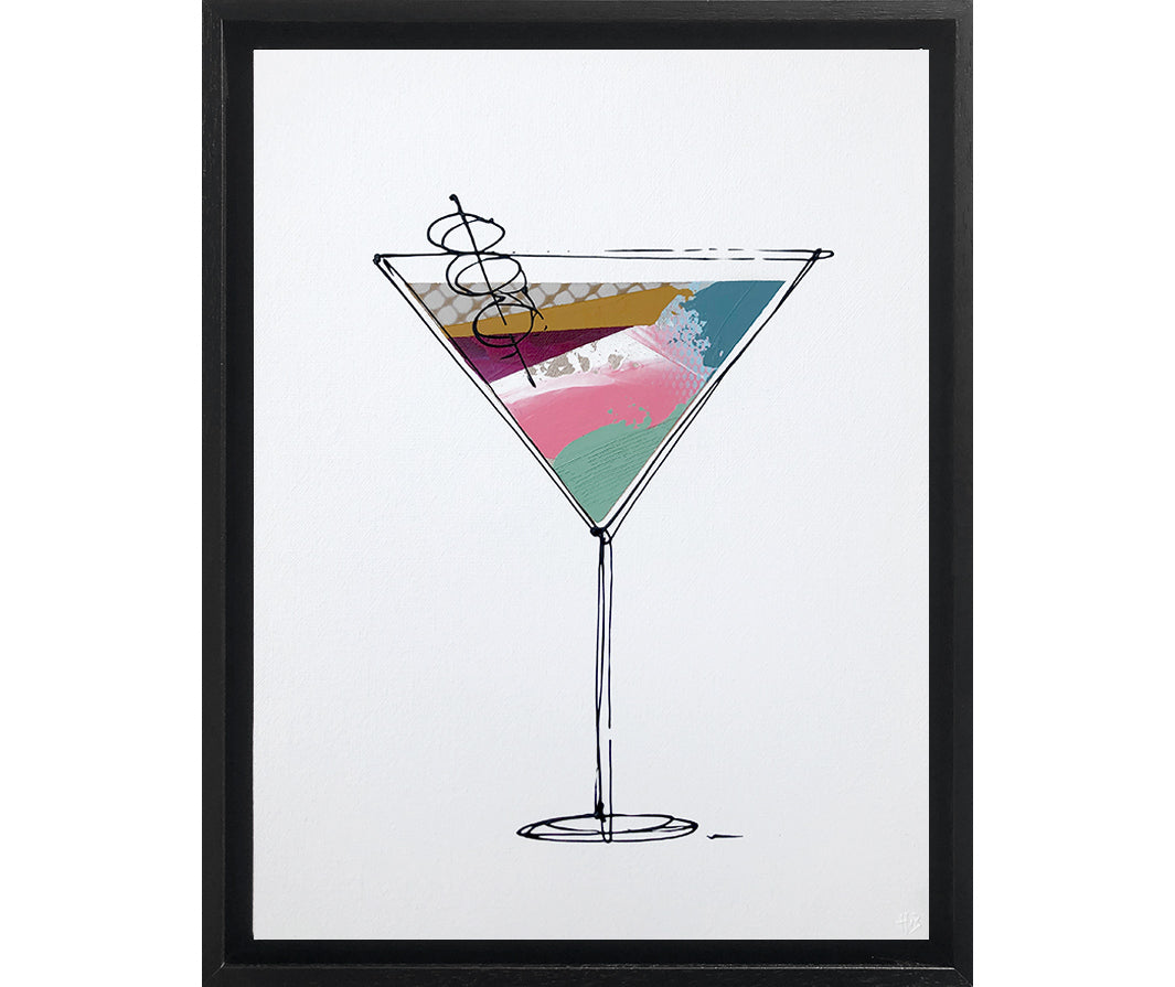 Framed painting of a colourful, textured cocktail glass on a white background with a black frame by artist Hannah van Bergen
