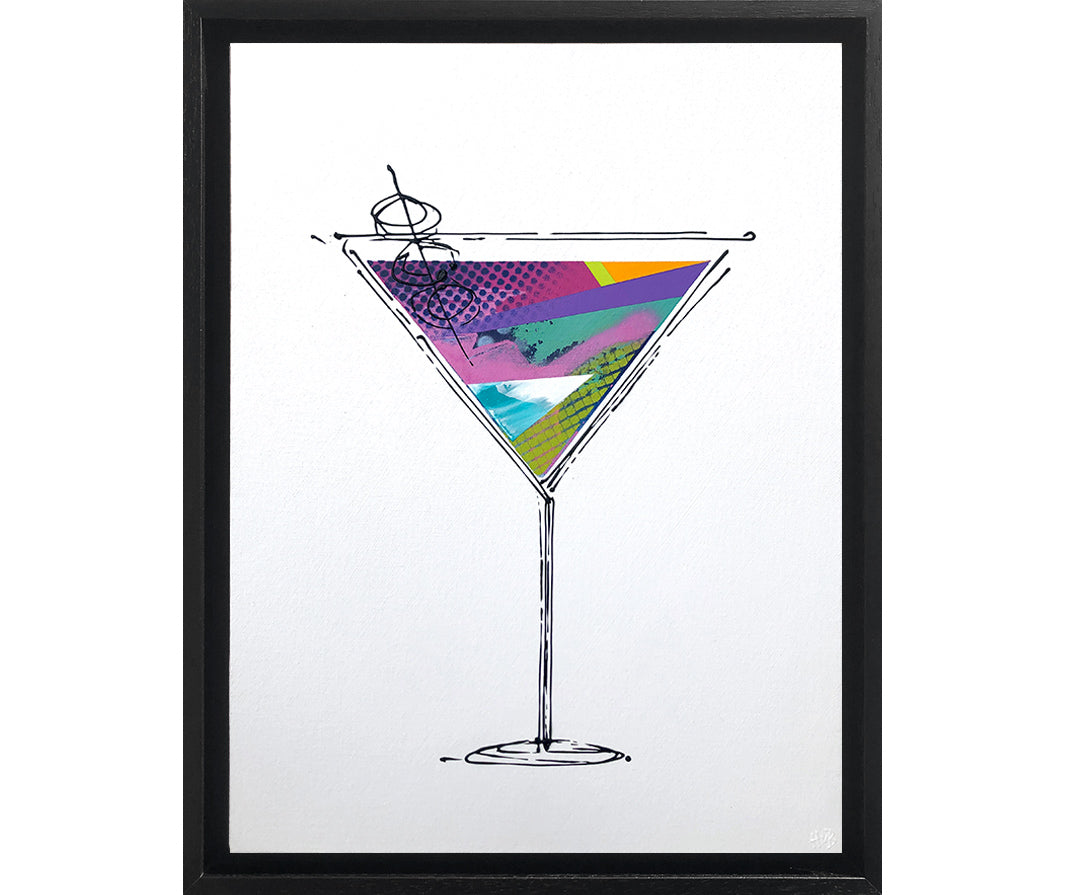 Framed painting of a colourful, textured cocktail glass on a white background with a black frame by artist Hannah van Bergen