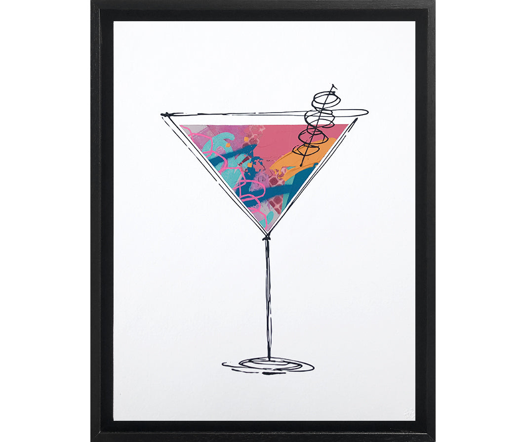 Framed painting of a colourful, textured cocktail glass on a white background with a black frame by artist Hannah van Bergen