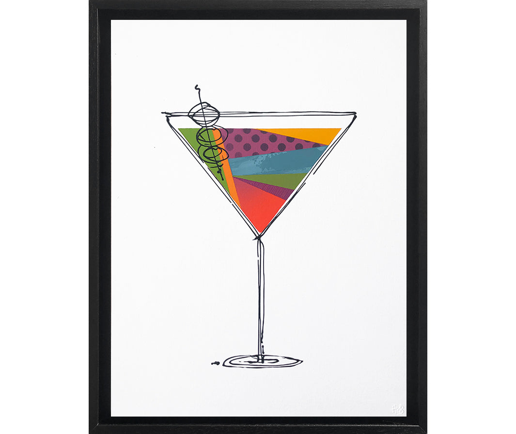 Framed painting of a colourful, textured cocktail glass on a white background with a black frame by artist Hannah van Bergen