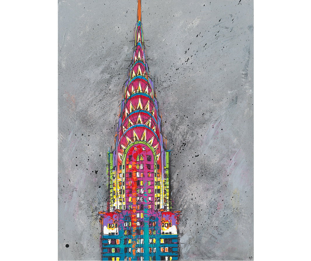 Original bright colourful painting of the Chrysler Building, New York, on grey background by artist Hannah van Bergen 