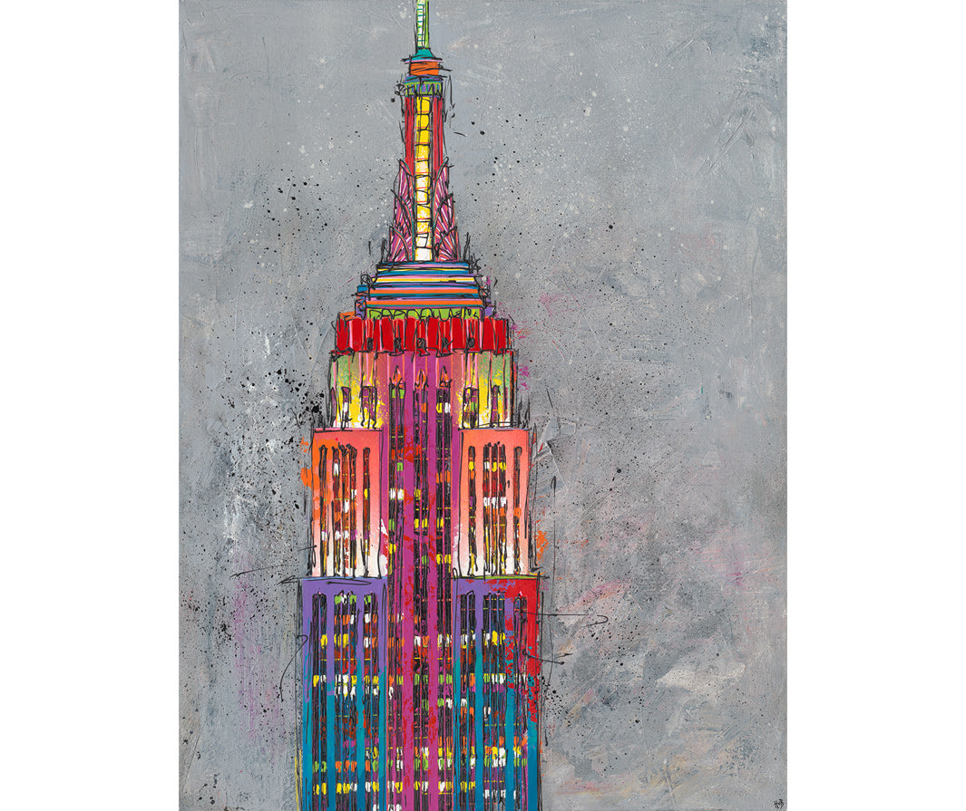 Original bright colourful painting of the Empire State Building, New York, on grey background by artist Hannah van Bergen