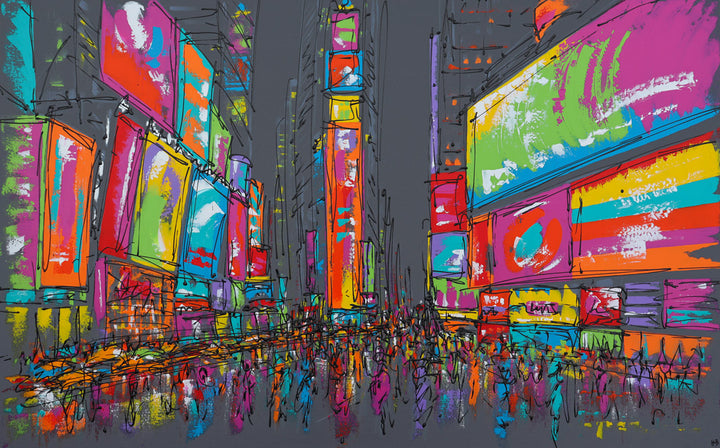 Original brightly coloured large painting of Times Square, New York, on dark grey background by artist Hannah van Bergen