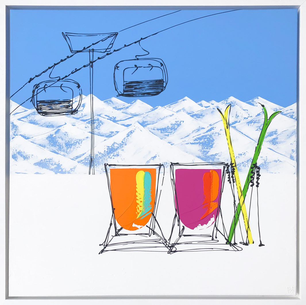 Original painting of 2 colourful deckchairs and skis in the snow with blue sky, chair lift and mountain backdrop on square canvas by artist Hannah van Bergen