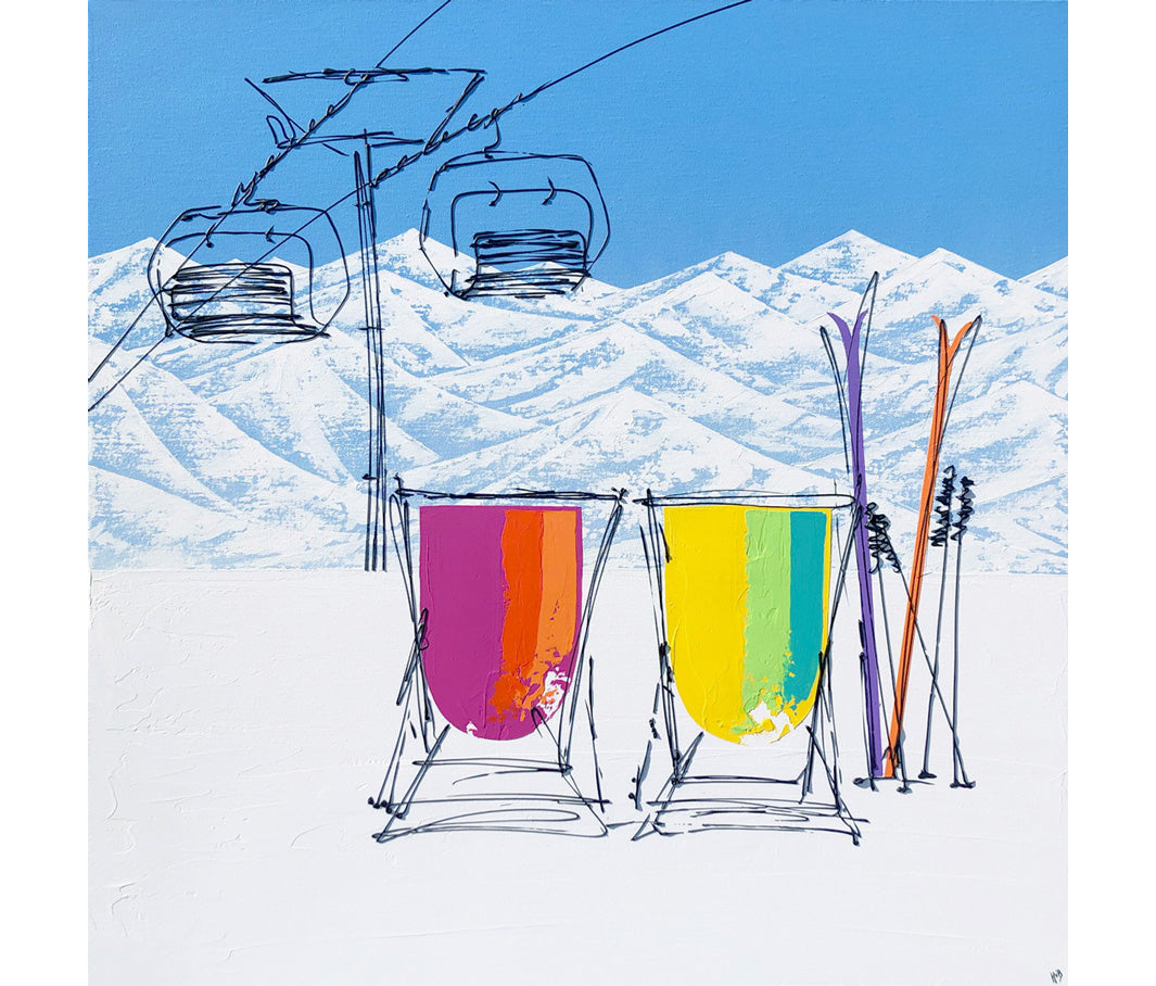 Original painting of 2 colourful deckchairs and skis in the snow with blue sky, chair lift and mountain backdrop on square canvas by artist Hannah van Bergen