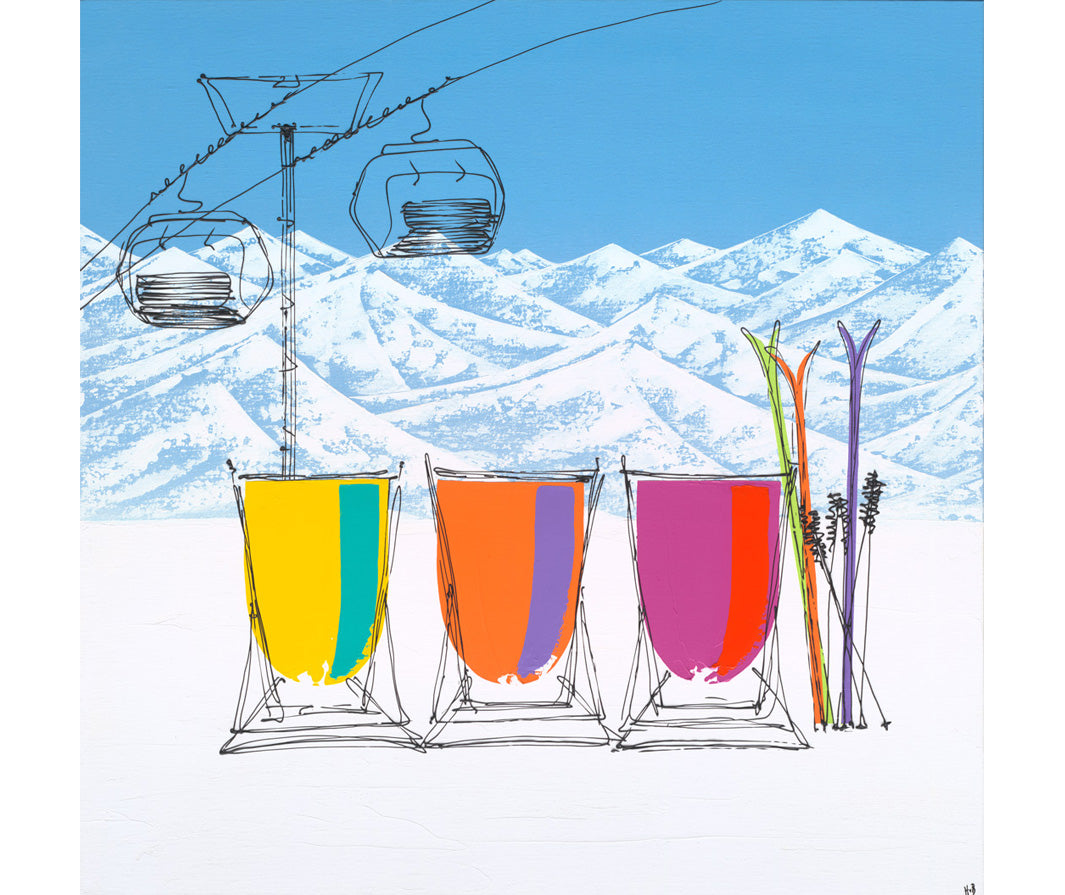 Original painting of 3 deckchairs in the snow with mountain backdrop and chair lift on square canvas by artist Hannah van Bergen