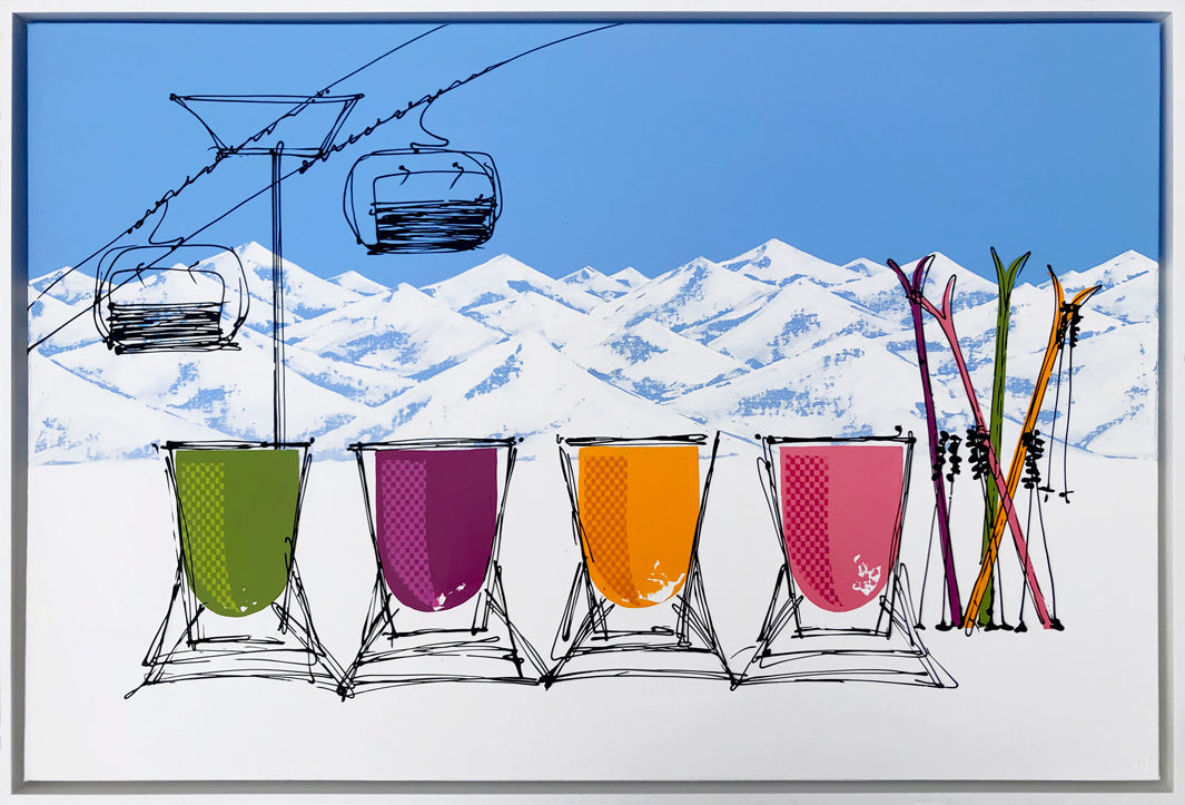 Original painting of 4 colourful deckchairs and skis in the snow on a sunny day with mountain backdrop and chair lift by artist Hannah van Bergen. Framed in white float frame.