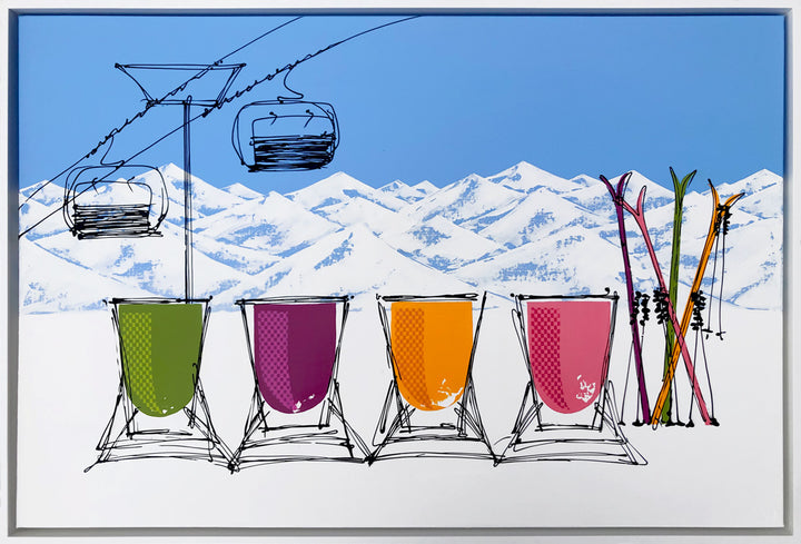 Original painting of 4 colourful deckchairs and skis in the snow on a sunny day with mountain backdrop and chair lift by artist Hannah van Bergen. Framed in white float frame.
