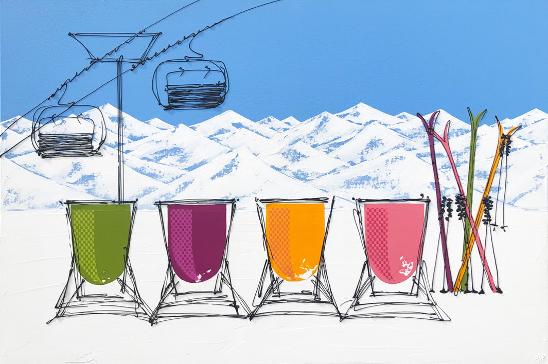 Original painting of 4 colourful deckchairs and skis in the snow on a sunny day with mountain backdrop and chair lift by artist Hannah van Bergen