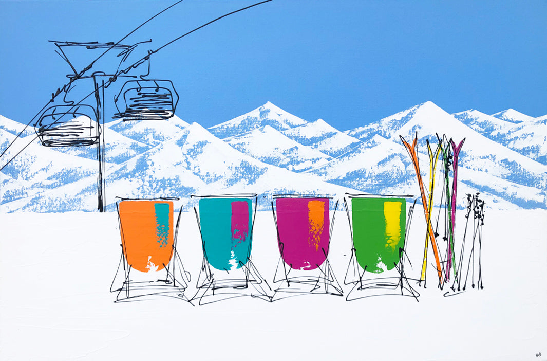Original painting of 4 colourful deckchairs and skis in the snow on a sunny day with mountain backdrop and rock in foreground by artist Hannah van Bergen