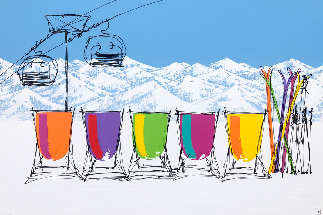 Original painting of 5 colourful deckchairs and skis in the snow on a sunny day with mountain backdrop and chair lift by artist Hannah van Bergen