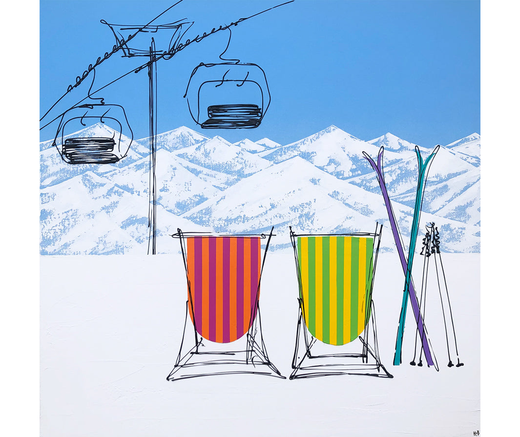 Original painting of 2 colourful stripey deckchairs and skis in the snow with blue sky, chair lift and mountain backdrop on square canvas by artist Hannah van Bergen