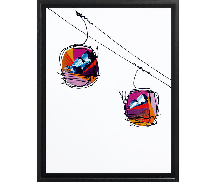 Painting of colourful abstract cable cars in a ski resort on a white background in a black frame by artist Hannah van Bergen