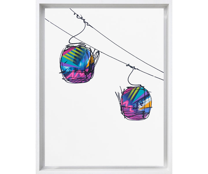 Painting of colourful cable cars in a ski resort on a white background framed in a white frame