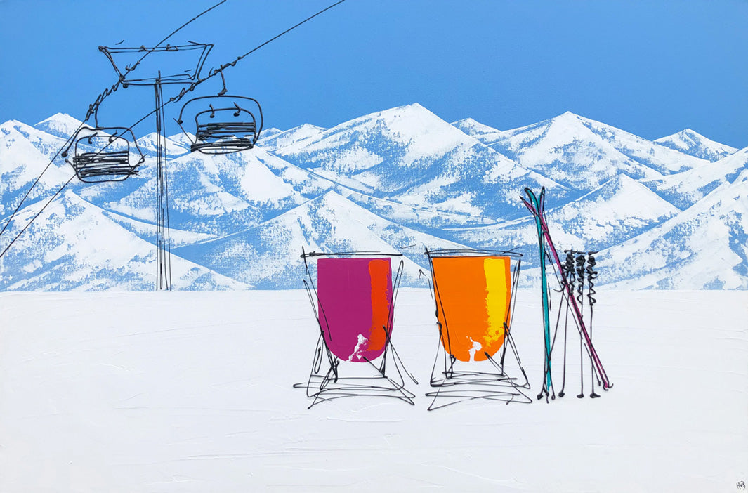 Original painting of two colourful deckchairs and skis in the snow with mountain view and chairlift by artist Hannah van Bergen