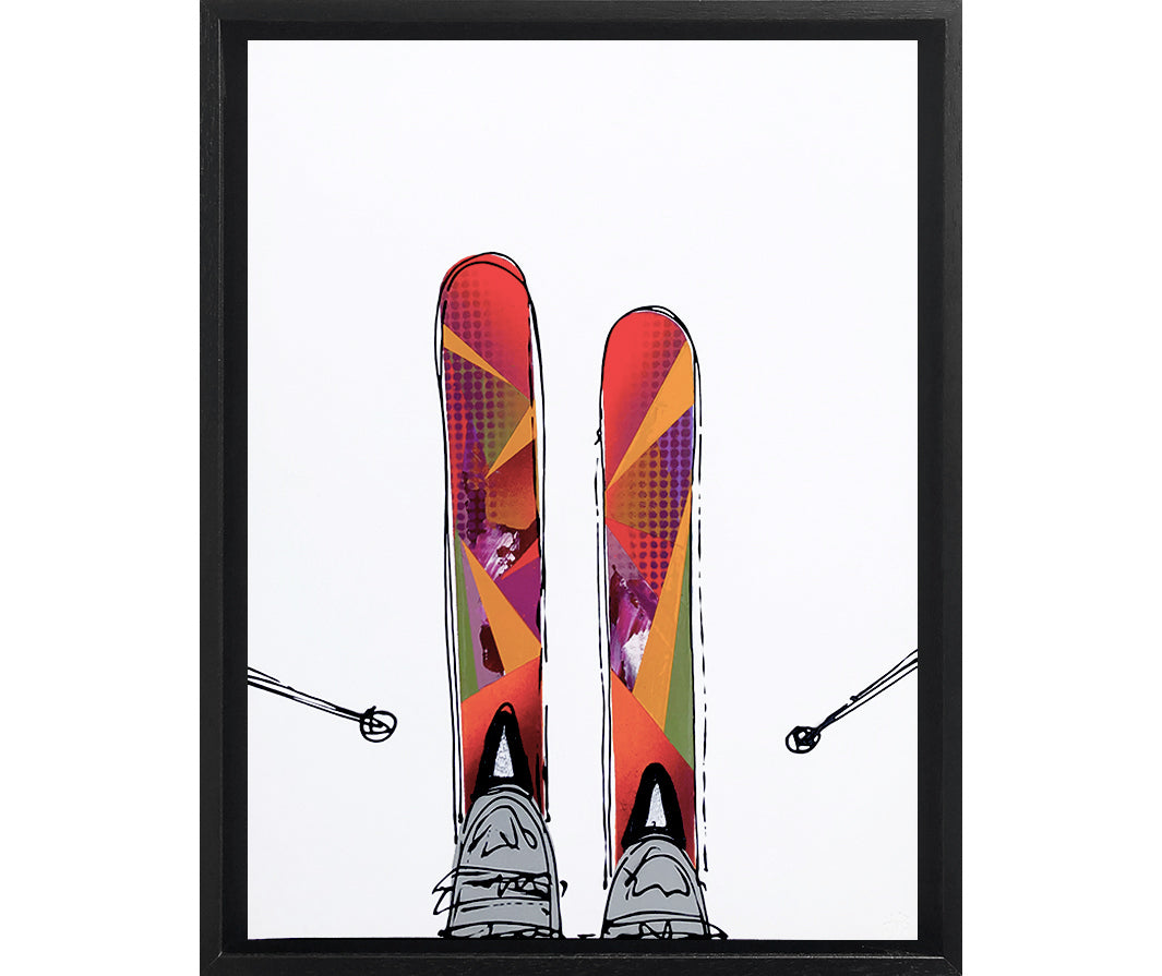 Painting of colourful skis in the snow with bindings and ski poles on a white background framed in a black frame by artist Hannah van Bergen