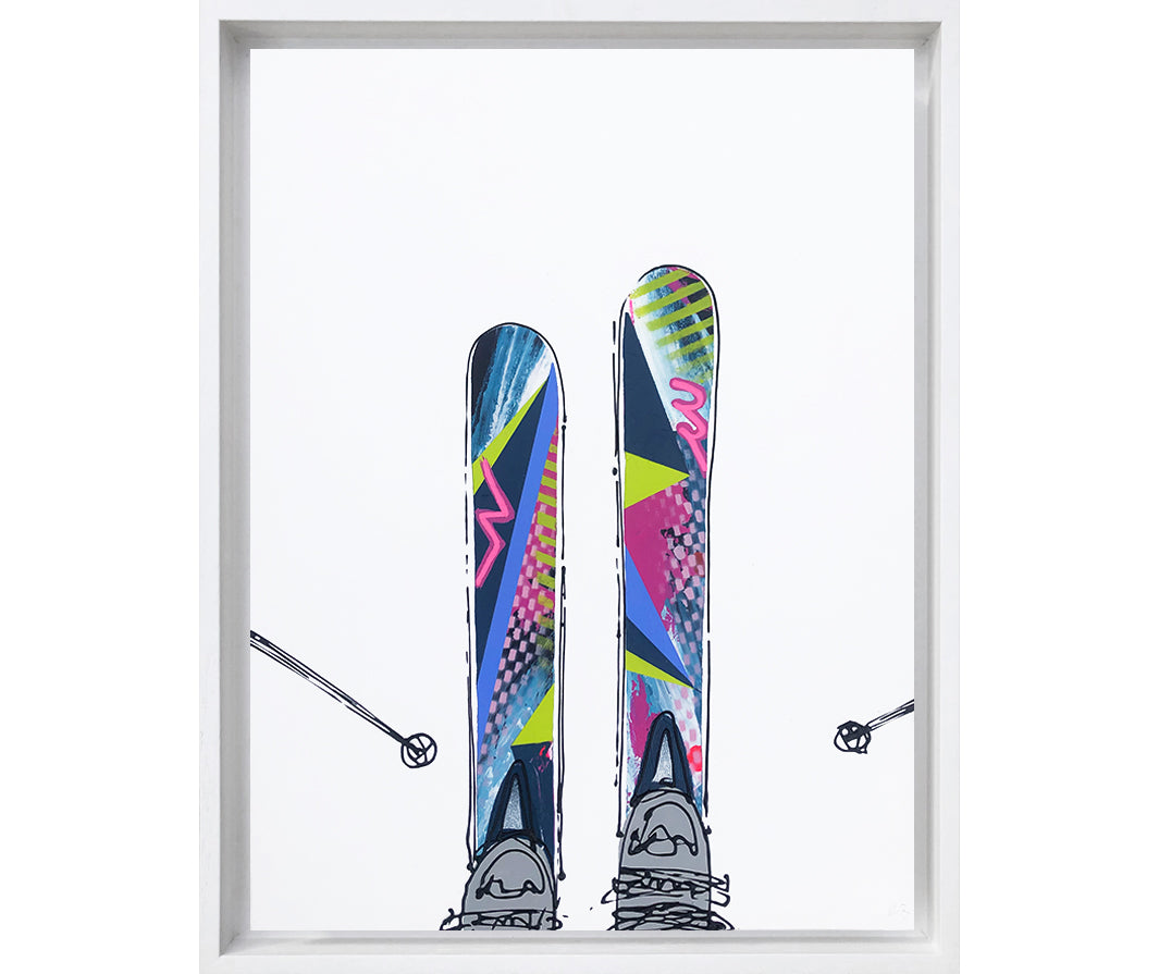 Painting of colourful skis in the snow with bindings and ski poles on a white background framed in a white frame