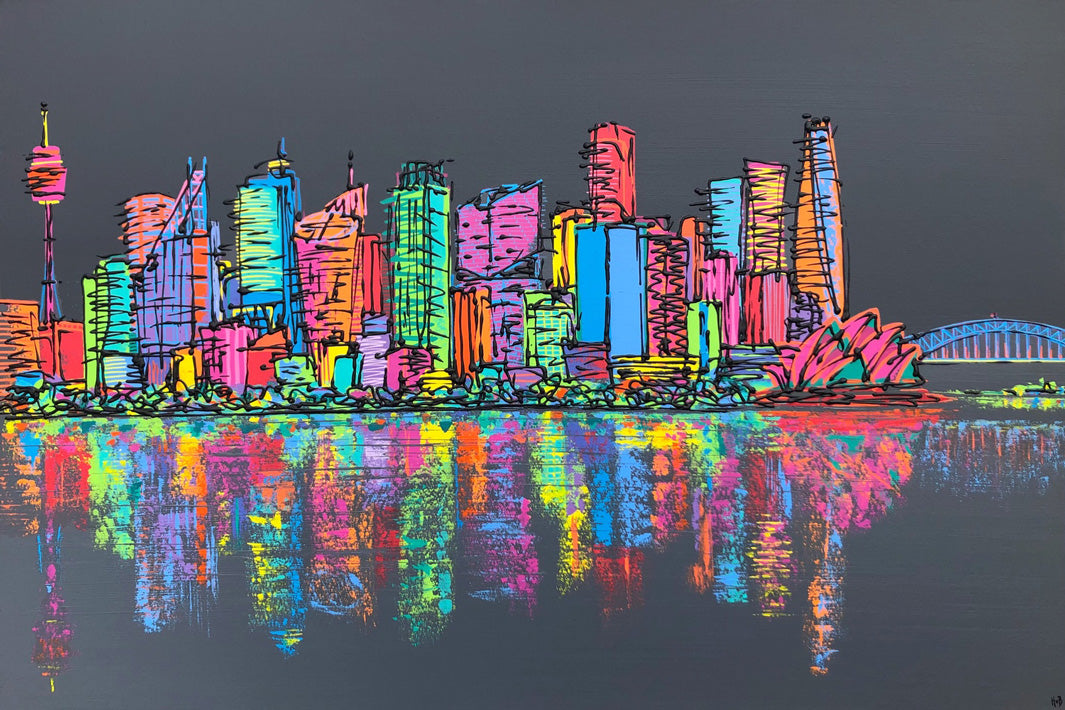 Original painting of Sydney skyline on dark grey background featuring Sydney Opera House and Sydney Harbour Bridge with colourful reflections in the water by artist Hannah van Bergen