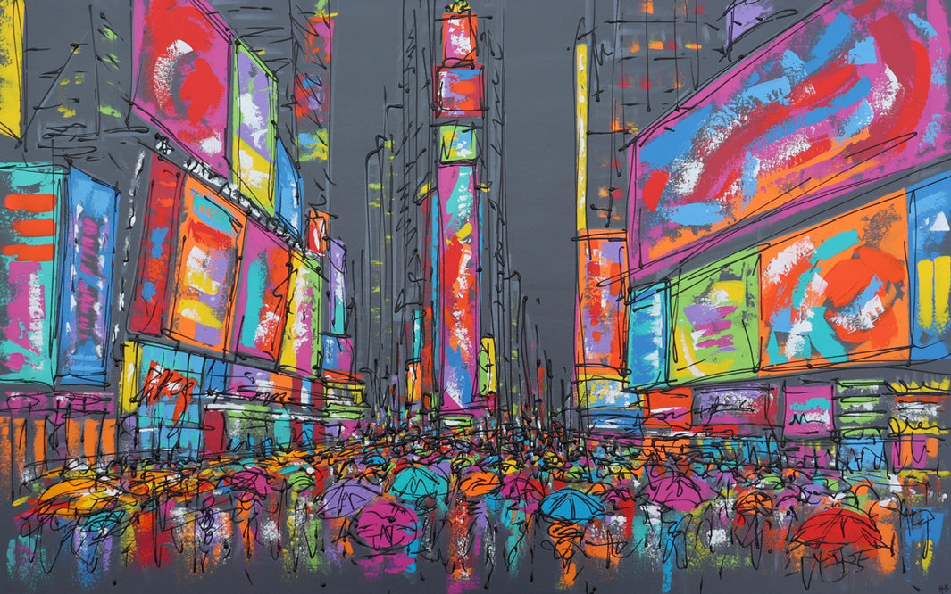 Original painting of Times Square in the rain with umbrellas and bright colours on dark grey background by artist Hannah van Bergen
