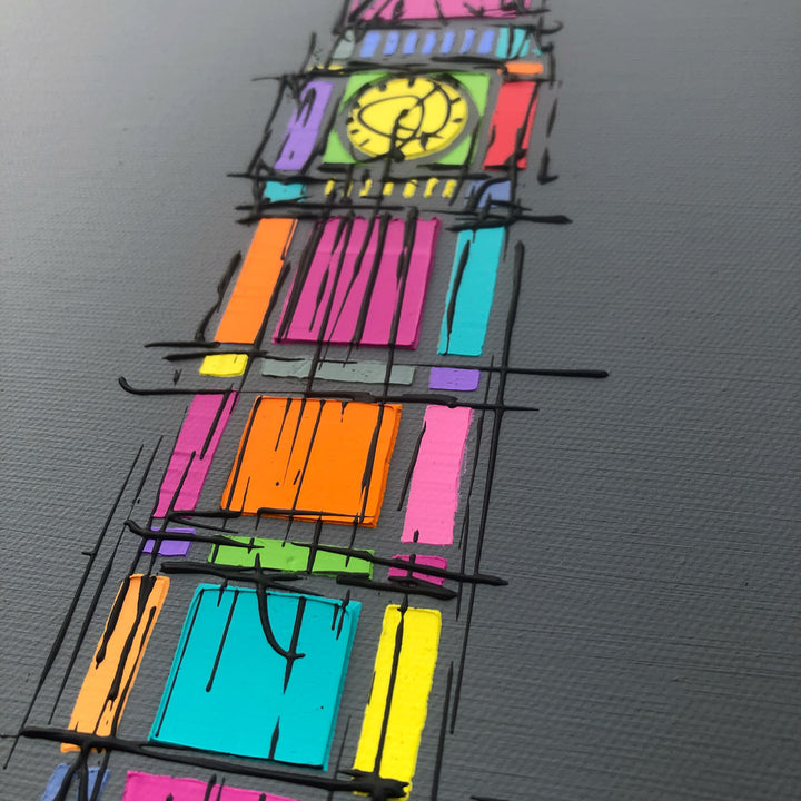 Close up of original colourful painting of Eiffel Tower Paris with light grey background by artist Hannah van Bergen