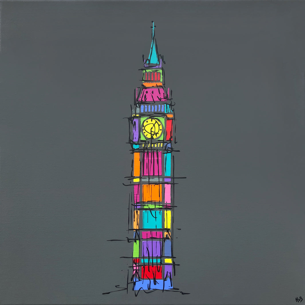Original colourful painting of Big Ben London with dark grey background by artist Hannah van Bergen