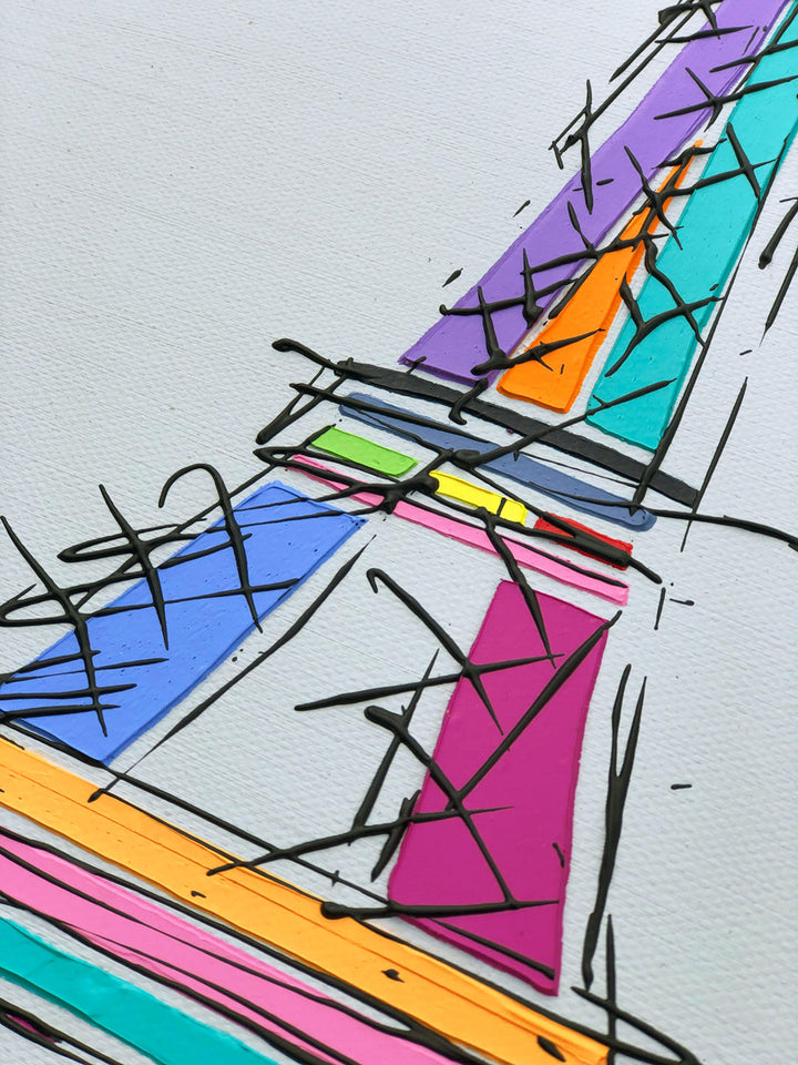 Close up of original colourful painting of Eiffel Tower Paris with light grey background by artist Hannah van Bergen