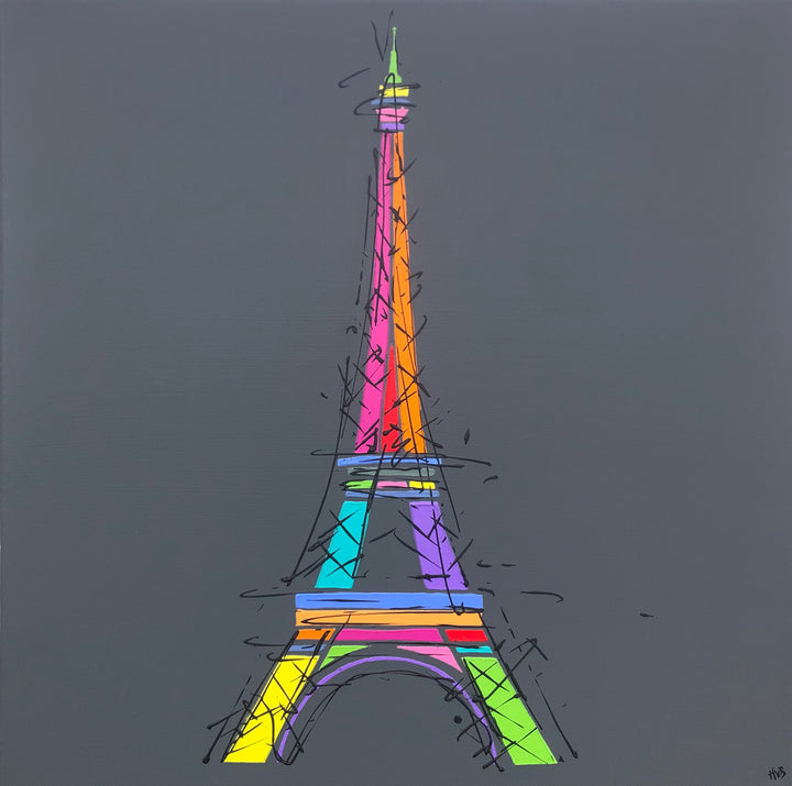 Original colourful painting of Eiffel Tower Paris with dark grey background by artist Hannah van Bergen