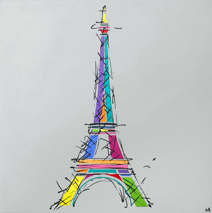 Original colourful painting of Eiffel Tower Paris with light grey background by artist Hannah van Bergen