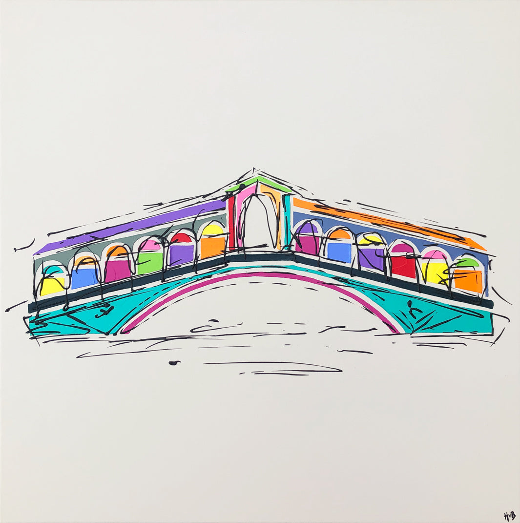 Original colourful painting of Rialto Bridge Venice with greige background by artist Hannah van Bergen