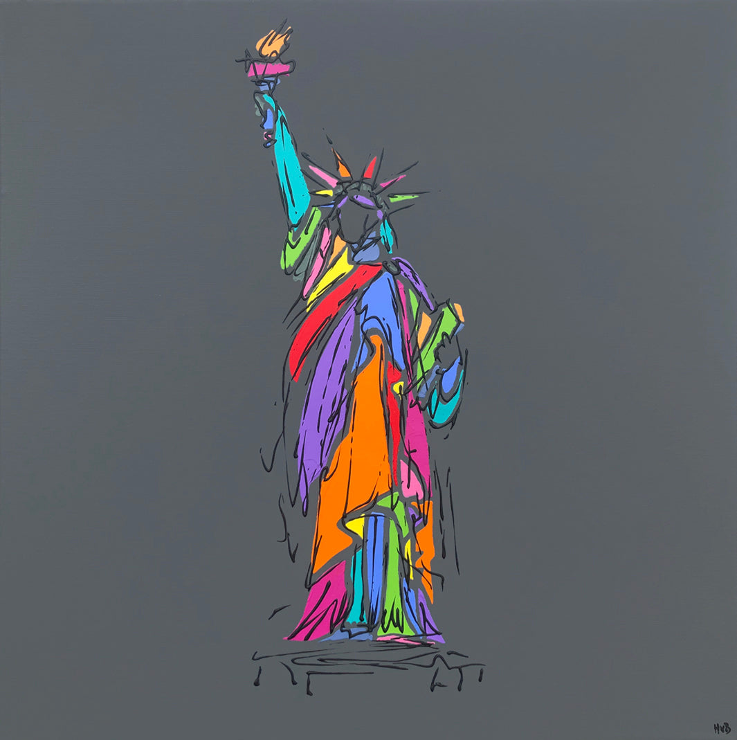 Original colourful painting of Statue of Liberty New York with dark grey background by artist Hannah van Bergen