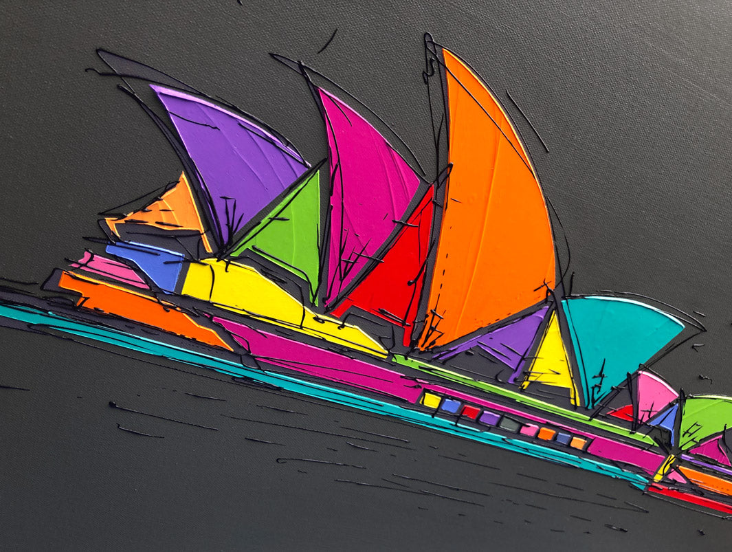 Close up of original textured colourful painting of Sydney Opera House with dark grey background by artist Hannah van Bergen