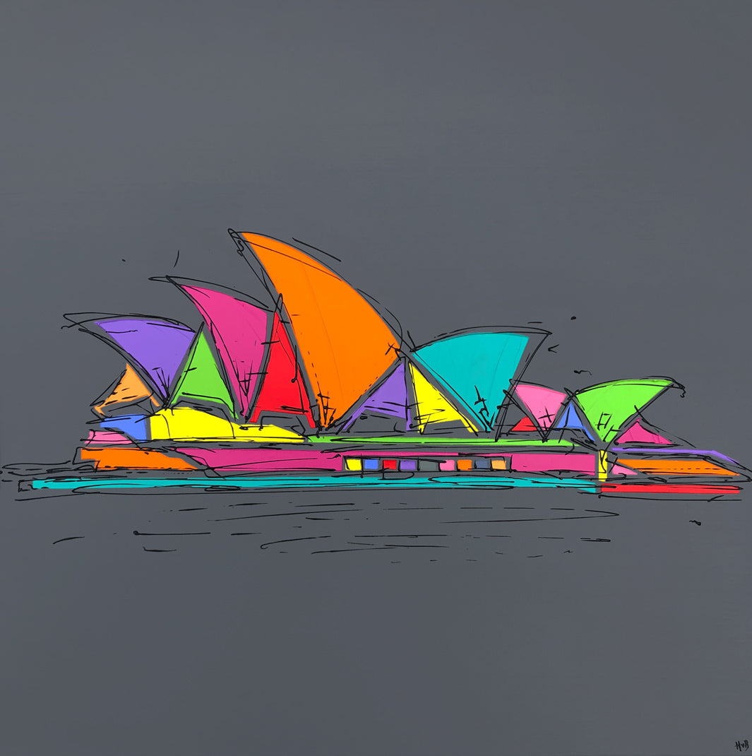 Original textured colourful painting of Sydney Opera House with dark grey background by artist Hannah van Bergen