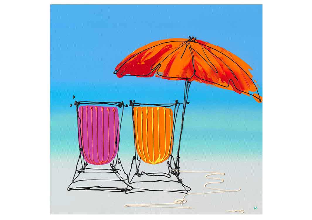 Greetings card featuring a painting of 2 deckchairs and parasol on beach by artist Hannah van Bergen