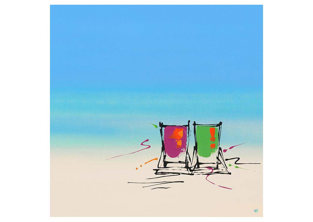 Greetings card featuring a painting of 2 deckchairs on a beach by artist Hannah van Bergen