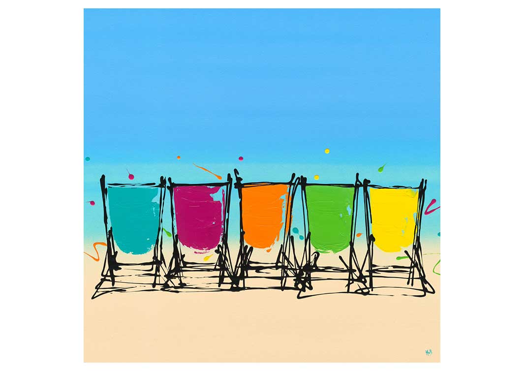 Greetings card featuring a painting of 5 deckchairs on a beach by artist Hannah van Bergen