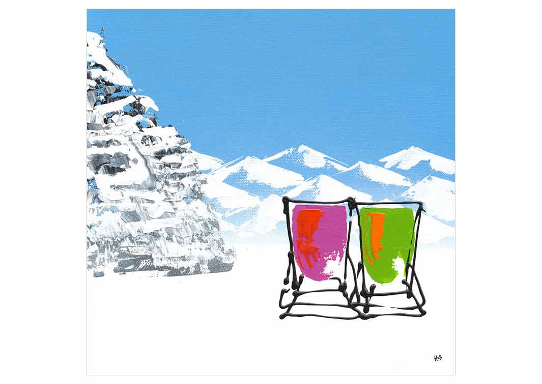 Greetings card featuring 2 deckchairs in the snow with mountain backdrop by artist Hannah van Bergen