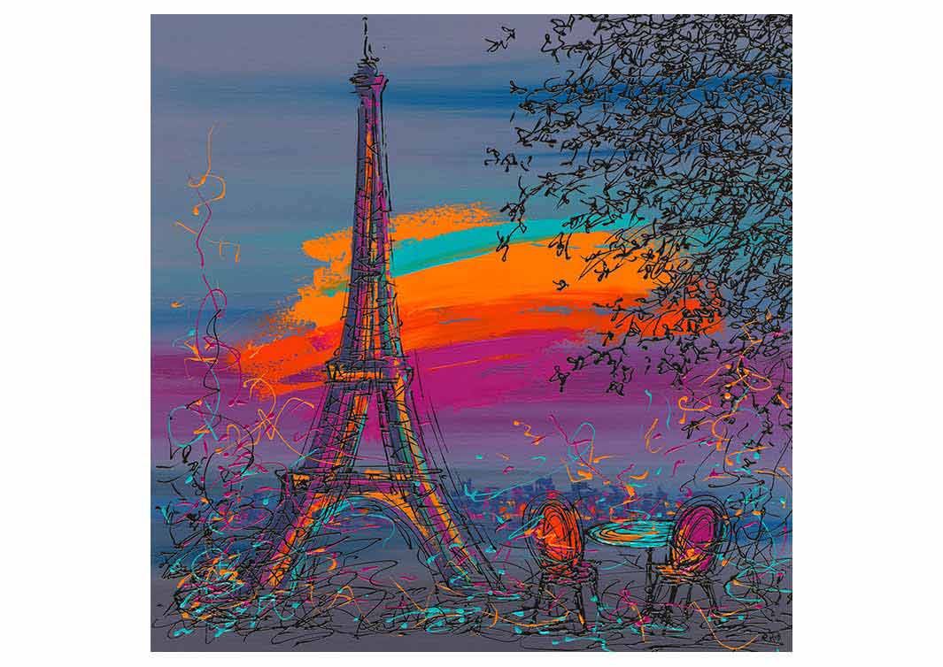 Colourful greetings card showing artwork of the Eiffel Tower in Paris by artist Hannah van Bergen