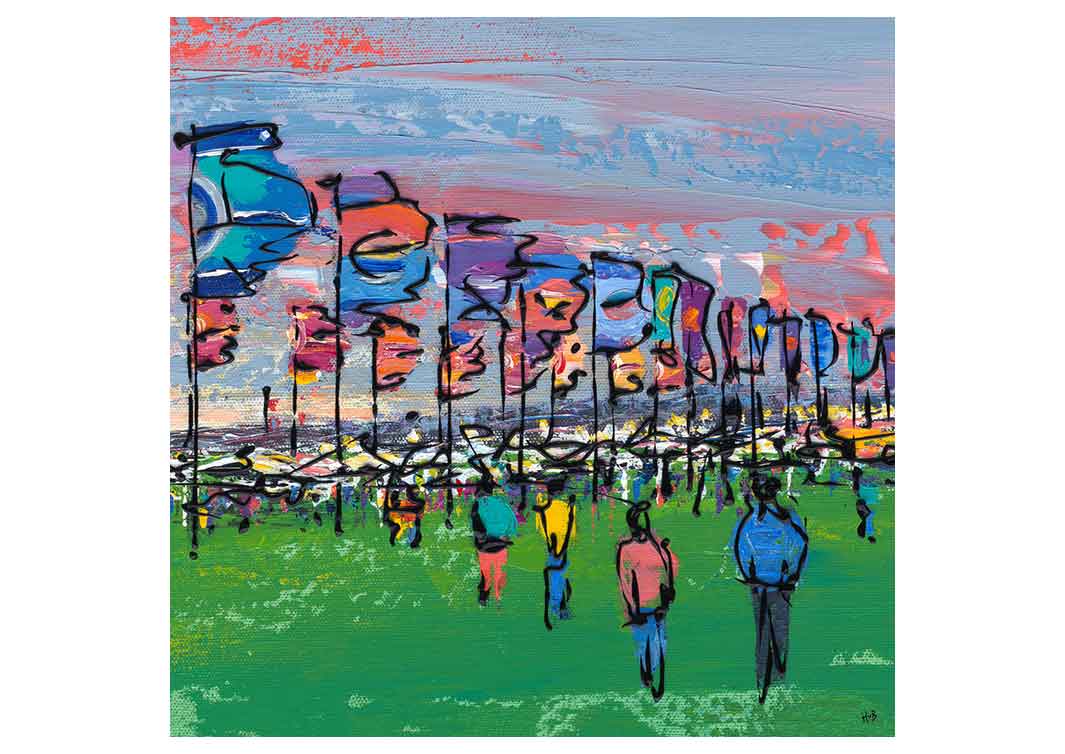 Greetings card showing festival goers at Glastonbury with flags by artist Hannah van Bergen